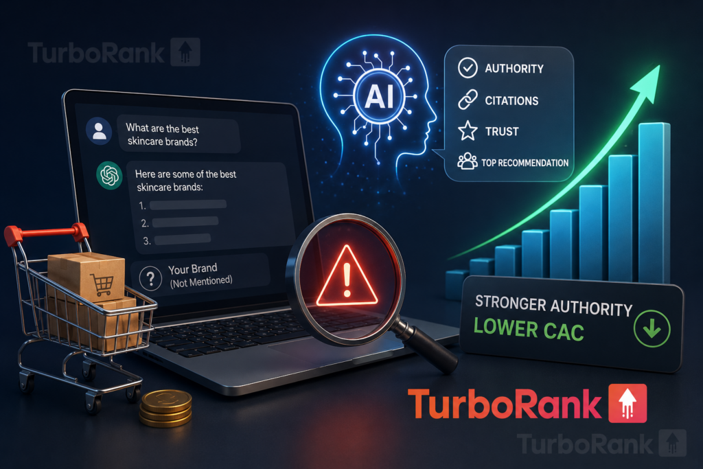 Ecommerce brand missing from a ChatGPT search, shown with AI authority signals and a chart showing lower CAC from stronger brand authority.