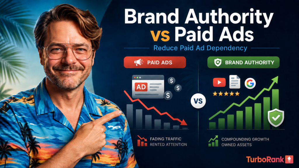 Matthew Pearce pointing at a comparison graphic showing brand authority vs paid ads, highlighting fading traffic from paid ads and compounding growth from brand authority for ecommerce brands.