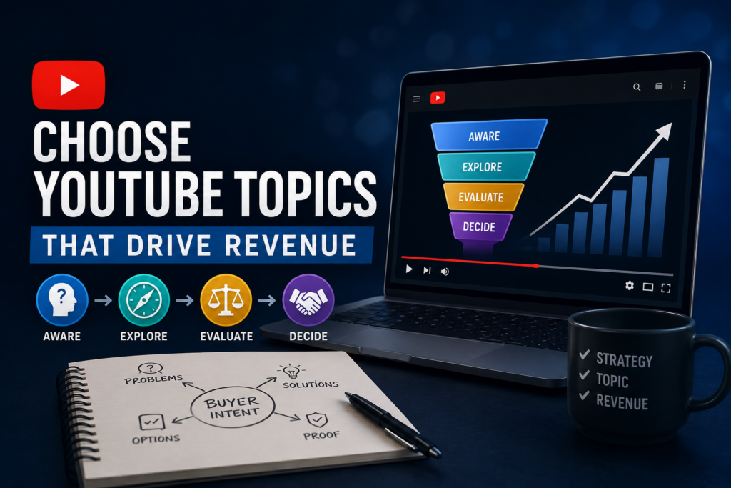 YouTube topic selection graphic showing a four-stage buyer intent funnel — aware, explore, evaluate, decide — driving revenue growth