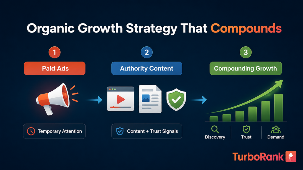 Three-step infographic showing how paid ads create temporary attention, authority content builds trust signals, and organic growth compounds through discovery, trust, and demand.