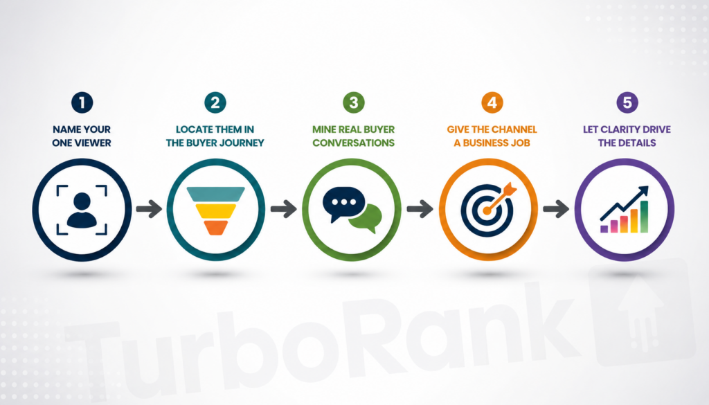 Five steps to build YouTube channel audience strategy, from naming your viewer to letting clarity drive details