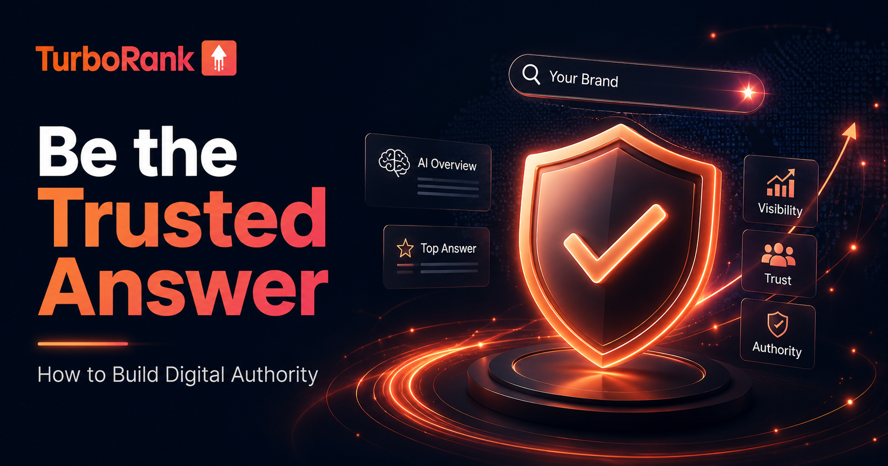 TurboRank "How to Build Digital Authority" graphic with a trust shield and AI visibility icons