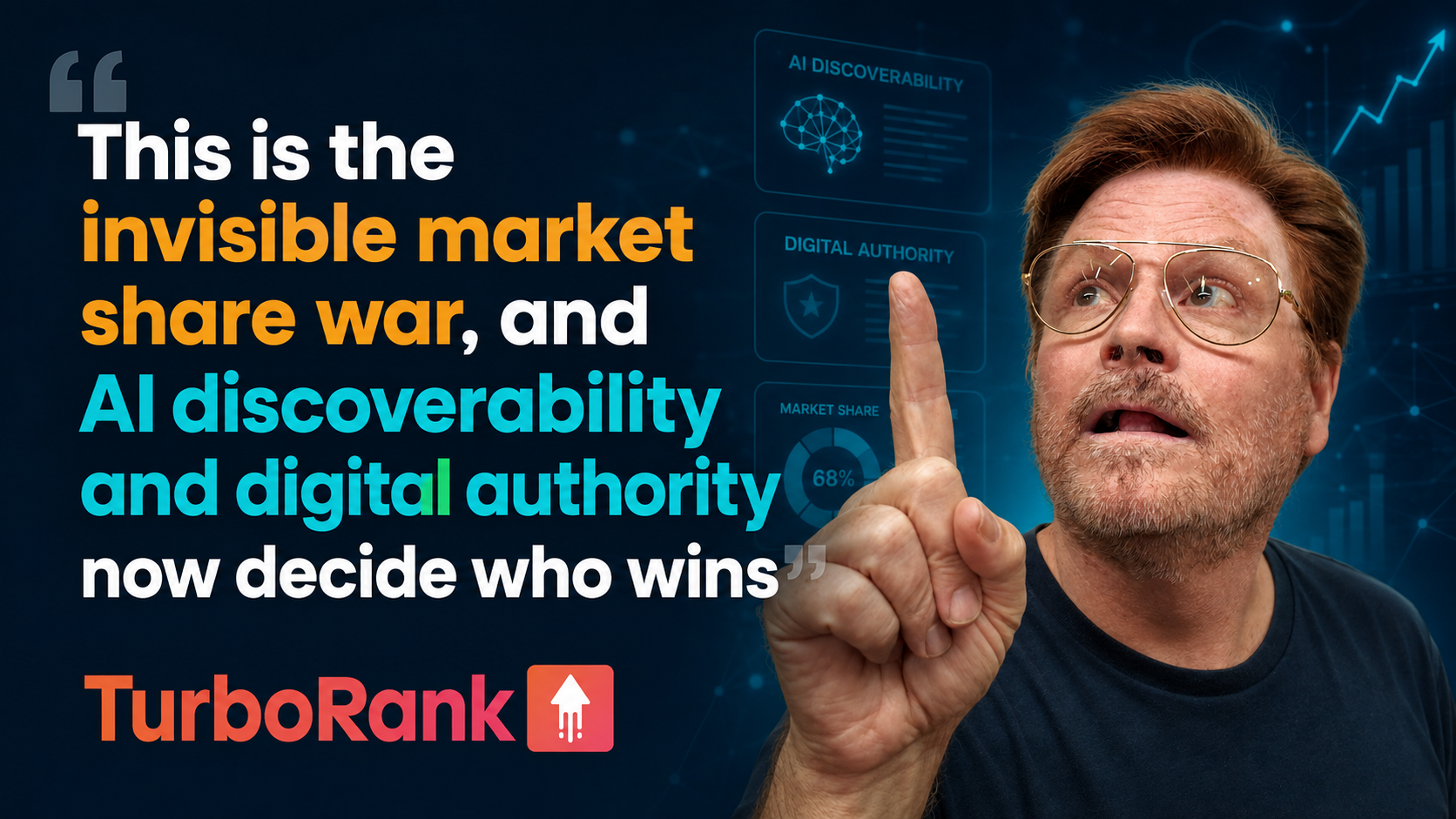 Matthew points upward beside a graphic illustrating the invisible market share war, AI discoverability, and digital authority.