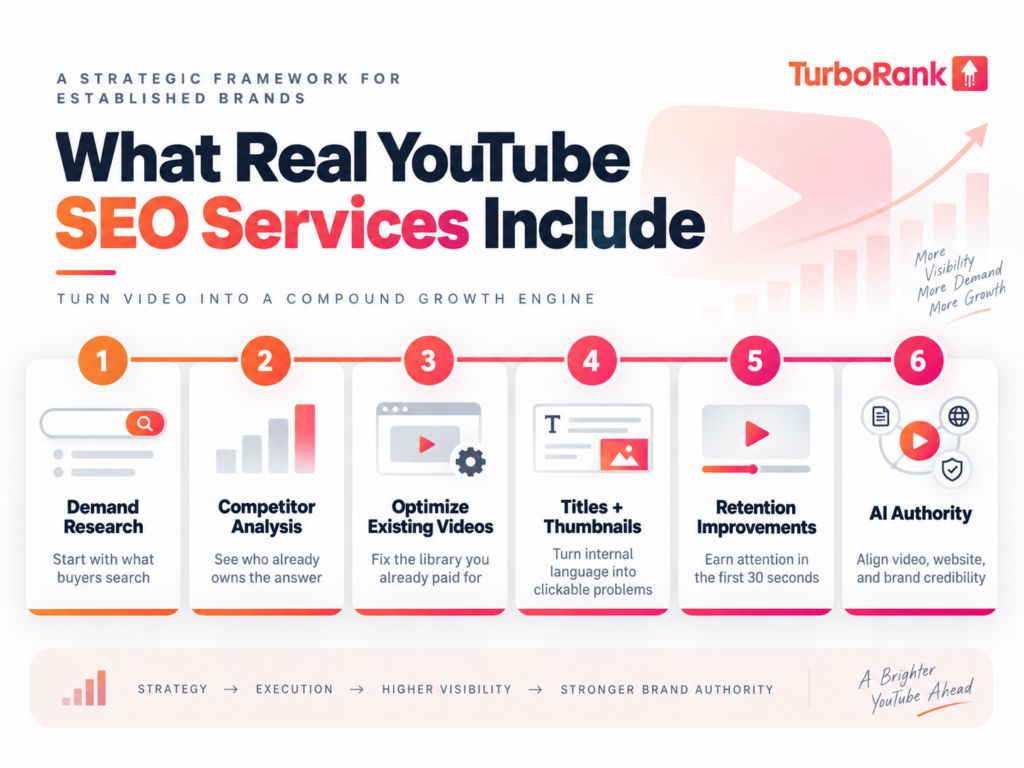 6-step YouTube SEO services framework for established brands — demand research to AI authority