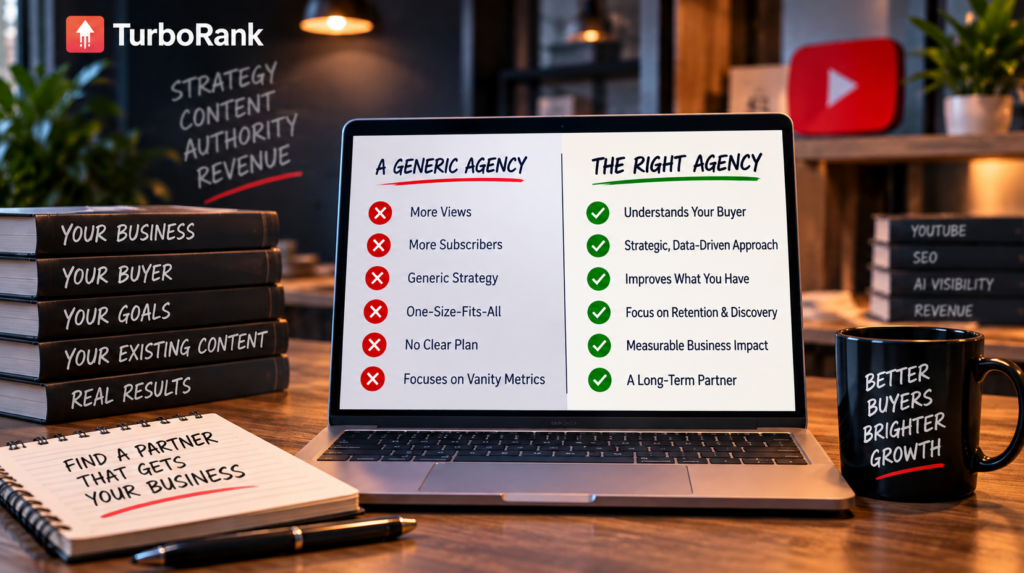 Comparison of a generic YouTube marketing agency and the right agency based on buyer understanding, strategy, retention, and measurable business results.