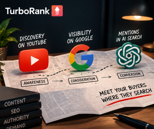 YouTube, Google, and AI search buyer journey showing how a YouTube marketing agency can support discovery, consideration, and conversion.