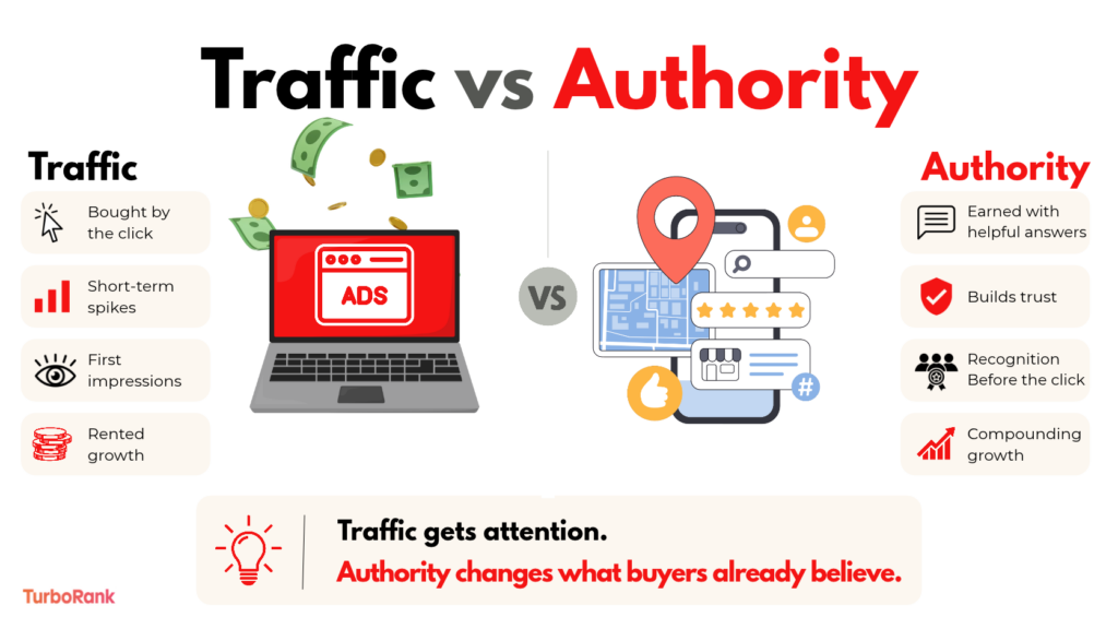 Brand authority vs traffic: paid traffic brings short-term spikes, while authority builds trust, recognition and compounding growth